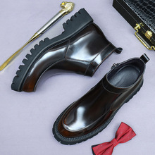 【大促】商务真皮拉链切尔西靴牛皮厚底马丁靴低帮亮面手工皮靴