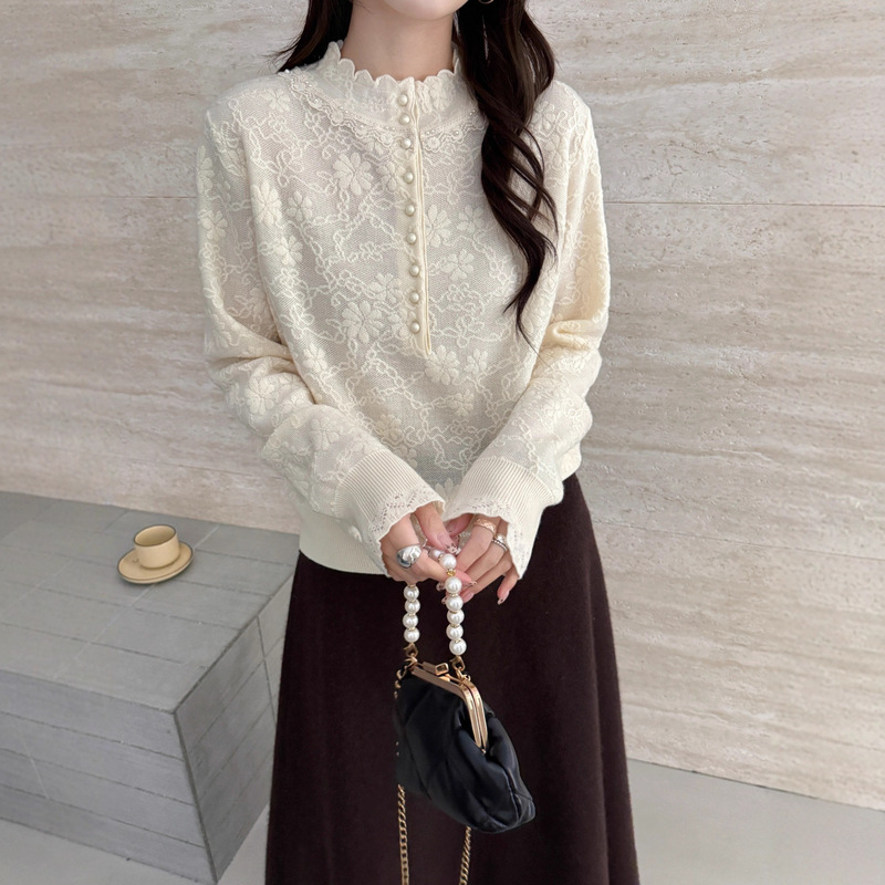 2025 Wool Lace Bottoming Shirt Half Turtleneck Heavy Button Sweater Autumn and Winter New Elegant Inner Wear Korean Lady's Clothing