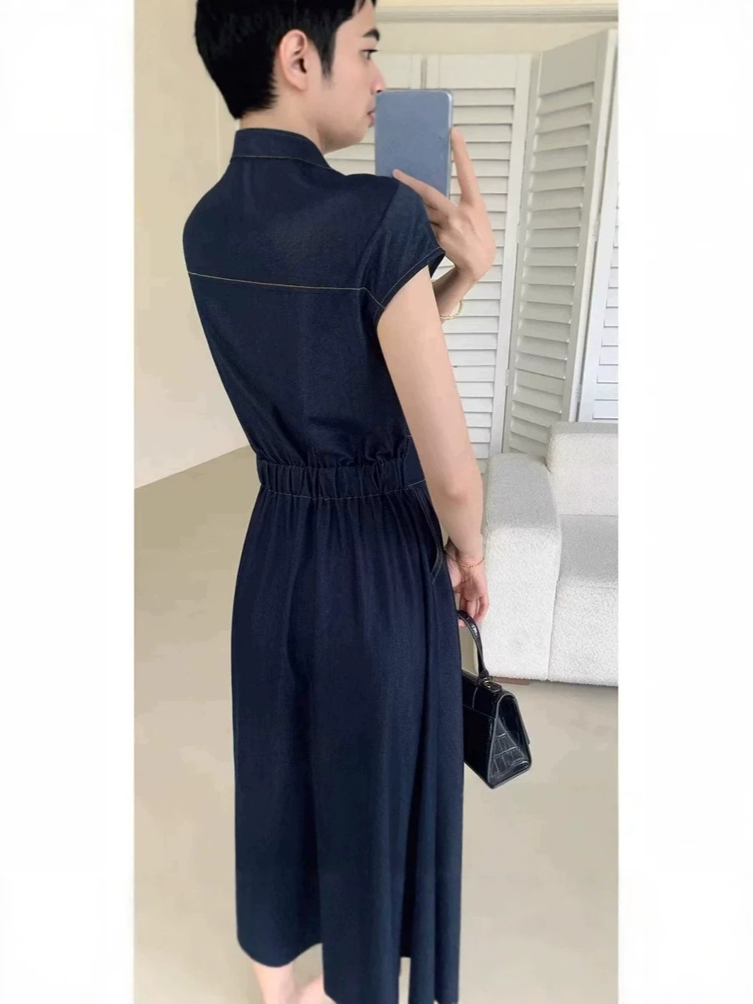 Váy denim thời trang tay ngắn thắt eo tôn dáng — màu xanh đậm