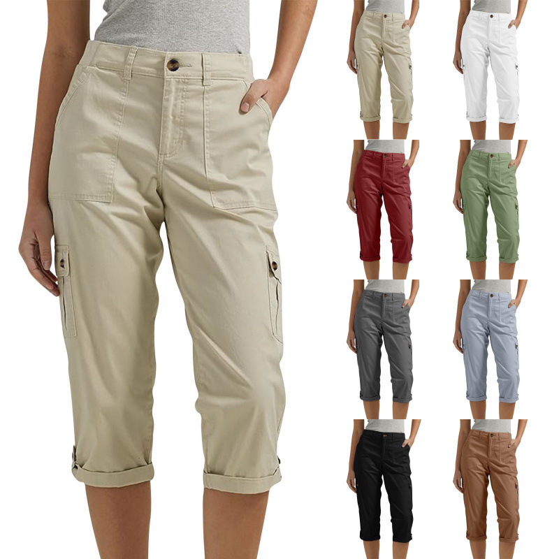 Women's Solid Color Multi-Pocket Cropped Casual Pants Women's Solid Color Multi-Pocket Cropped Casual Pants