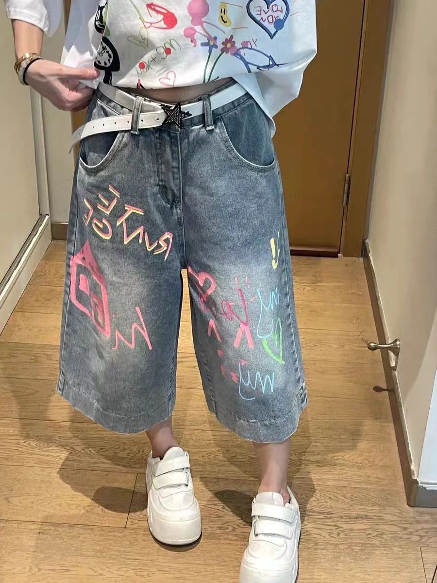 涂鸦牛仔七分裤女2025夏季新款美式阔腿裤子宽松直筒街头休闲短裤