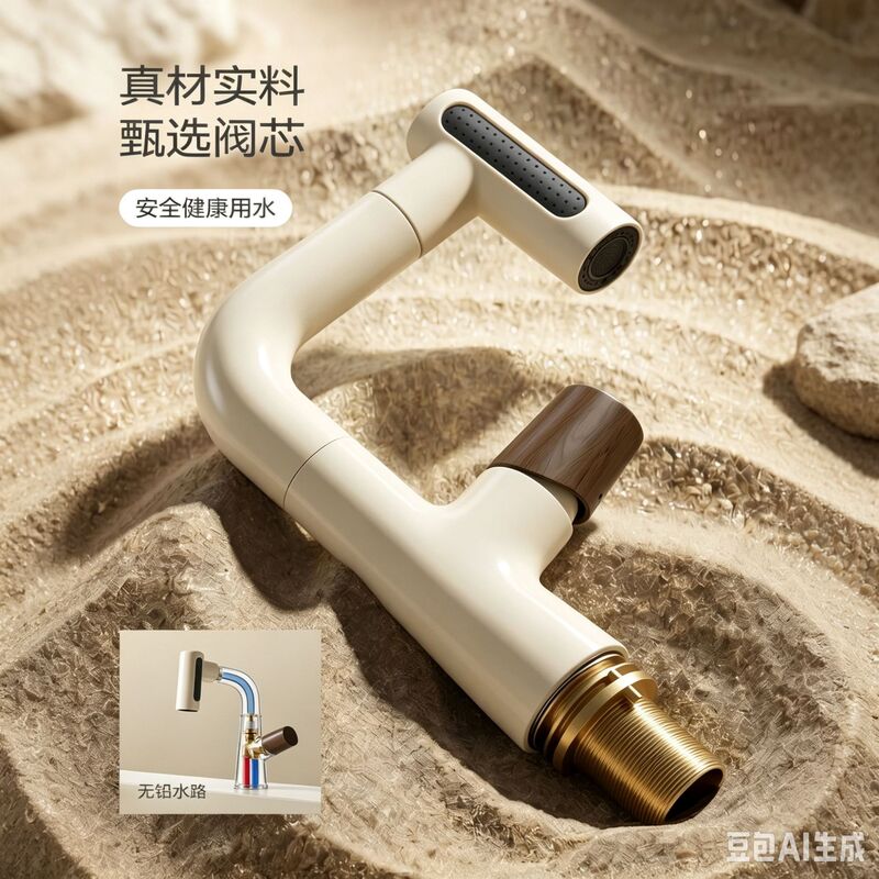 Cream-style white adjustable washbasin faucet for home use, pull-out bathroom sink with hot and cold water