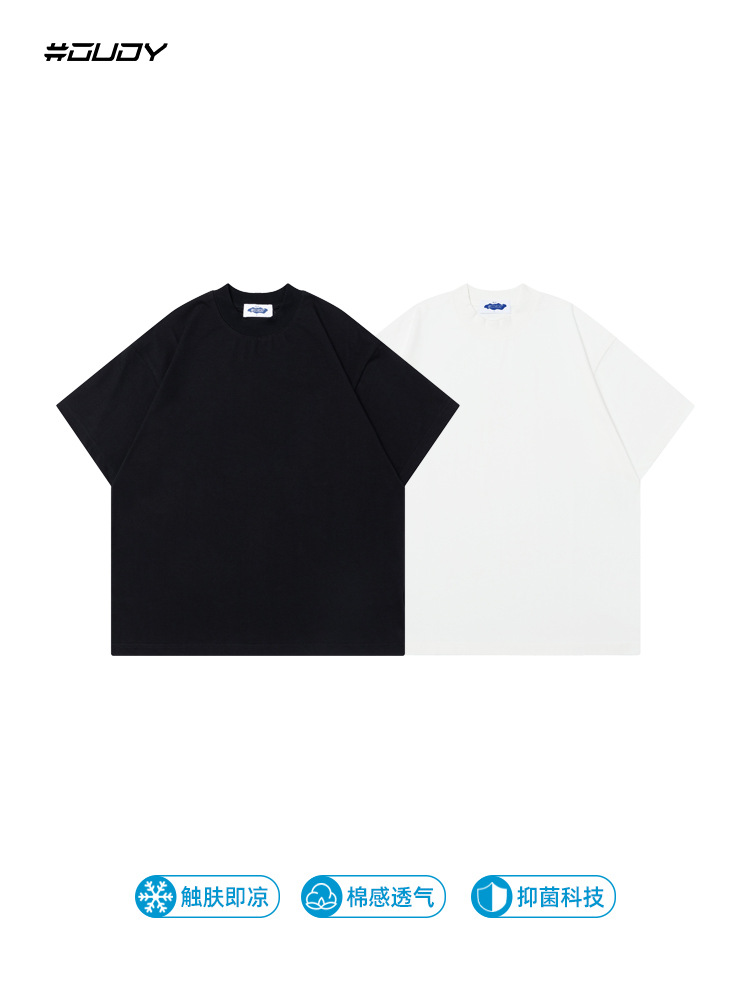 # OVDY Camiseta de manga corta de doble hilo de peso pesado para hombre Camiseta de color sólido suelta de marca de moda estadounidense fresca para hombre