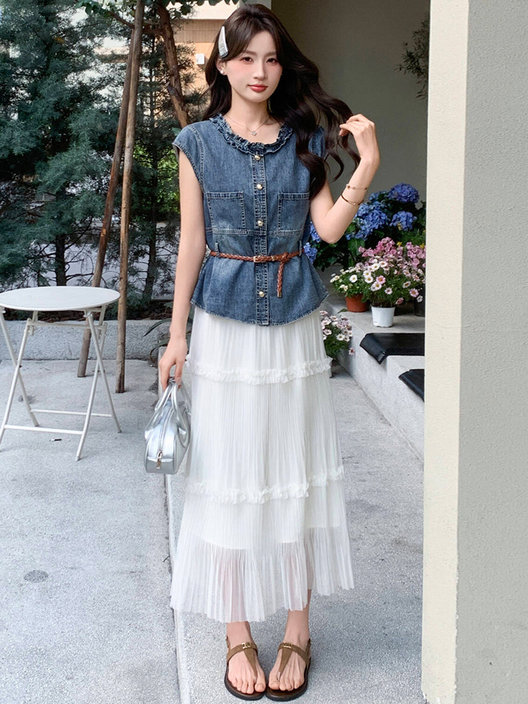 Bộ yếm quần denim không tay kết hợp chân váy ngắn nữ 2 món mùa hè 2026 — Màu ảnh
