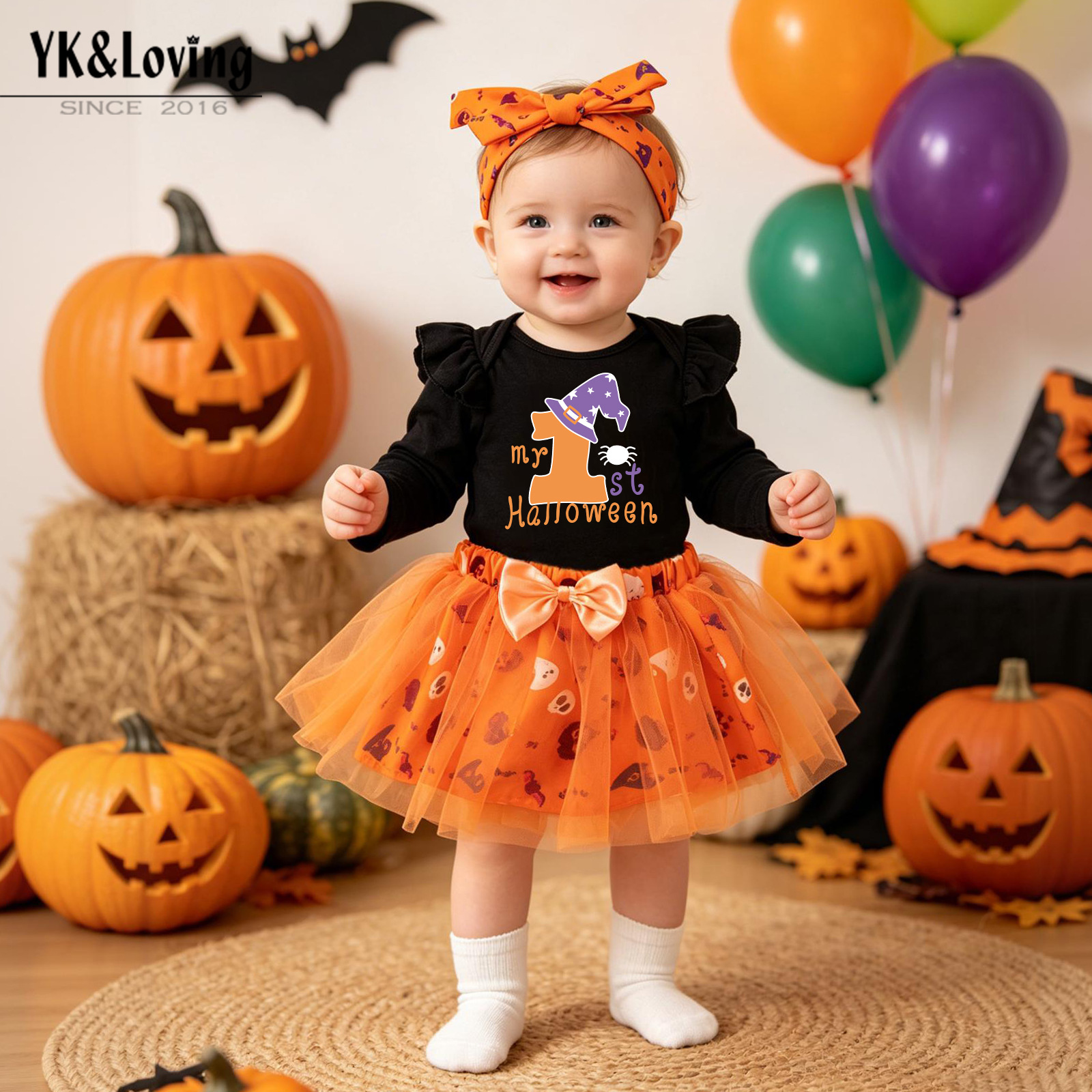 Cross-Border Baby and Children's Clothing Halloween Baby Party Dress Cartoon Pumpkin Witch Hat Re-Roach Skirt Suit