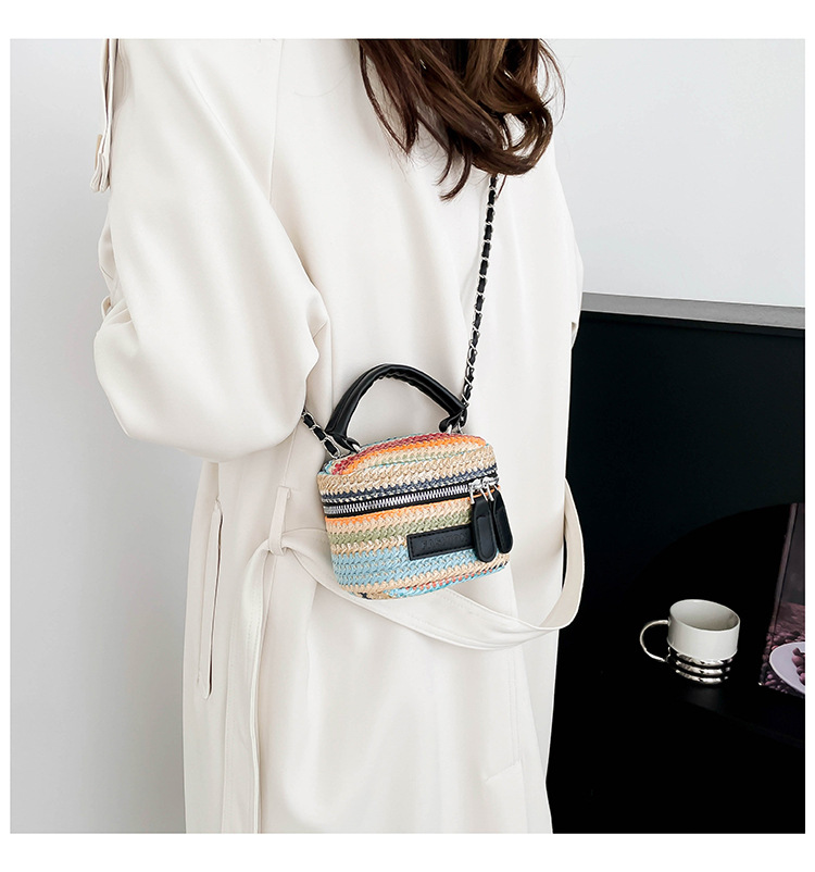165g Weight Polyester Lining Material Weave Fashion Element Zipper Closure Type Top Handle, Chain Strap Type Crossbody Bag Bags Type Casual, Daily, Shopping Occasion Straw Material Multicolor Pattern Spring&Summer Season Women's Gender Vintage Style Style Cylindrical Shape Women's Straw Multicolor Vintage Style Weave Cylindrical Zipper Crossbody Bag 16