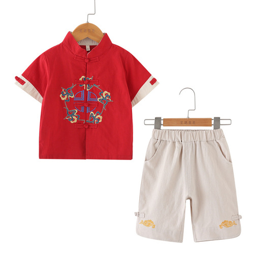 Chinese ethnic style children's cotton linen set, Hanfu baby Chinese-style Tang suit for boys, summer clothing for children, Confucianism dress for first birthday celebration.