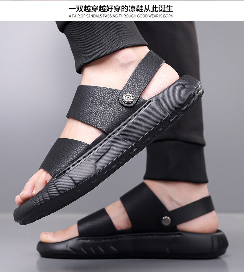 Dép lê nam da bò lớp trên cùng, đế dày, mặt mềm, kiểu sandal đi biển — GA06 màu đen, Màu nâu GA06 chi tiết 17