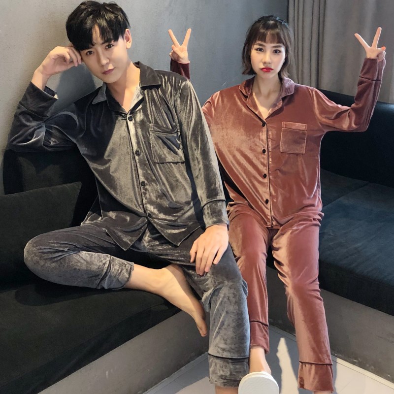 Oro de terciopelo pareja pijamas de las mujeres de estilo coreano de otoño y traje de invierno más tamaño de la boda de manga larga cardigan desgaste del hogar hombres
