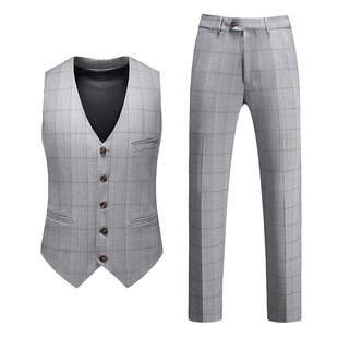 Foreign Trade Men's Large Size Suit Vest + Trousers Two-Piece Business Casual Men's Plaid Vest Ready for Sale