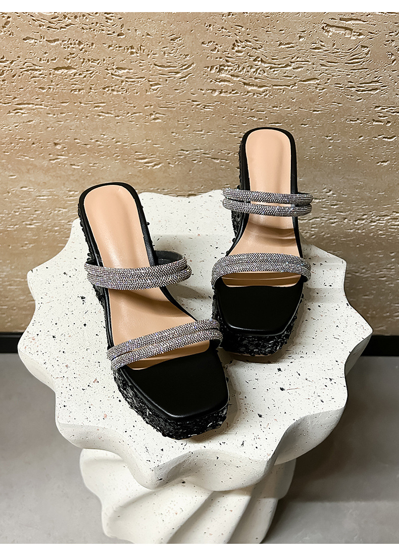 Sandal cao gót nữ mũi vuông hở ngón đính đá lấp lánh phong cách Pháp — màu đen, bạc chi tiết 17