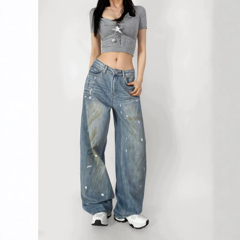 New York Street Corner Trendy Blue Dirty Graffiti Jeans Women's 2025 Spring and Summer Design Straight-Leg Leg Wide Leg Floor Mopping Pants