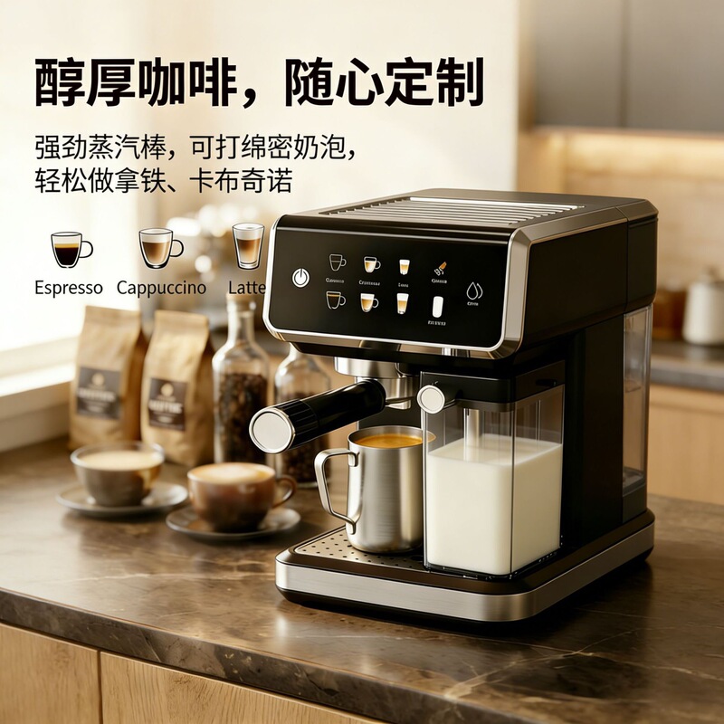 Cross-border multifunctional Italian espresso machine, home use, color screen, semi-automatic, small size, with milk frothing and steam functions, 20 bar pressure Cross-border multifunctional Italian espresso machine, home use, color screen, semi-automatic, small size, with milk frothing and steam functions, 20 bar pressure