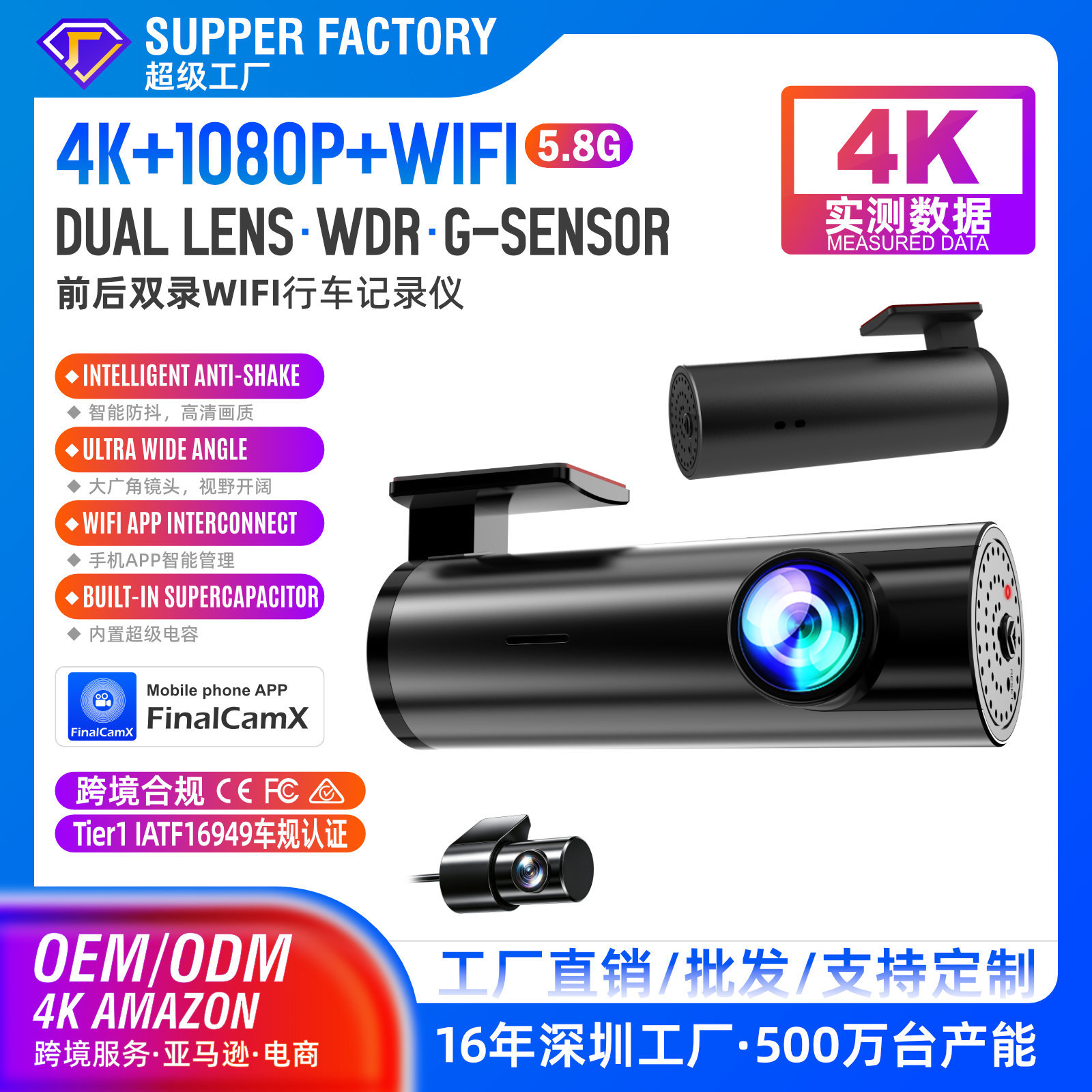 Cross-border new model, screenless 4K HD dashcam with dual recording, Wi-Fi, GPS, and night vision – available on Amazon