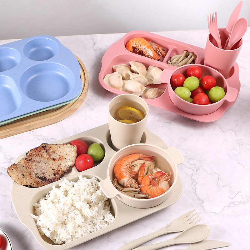 Plato de comedor para niños 24 piezas set de paja de trigo jardín de infantes anti-caída taza de plato de comedor cuchillo y tenedor cuchara set
