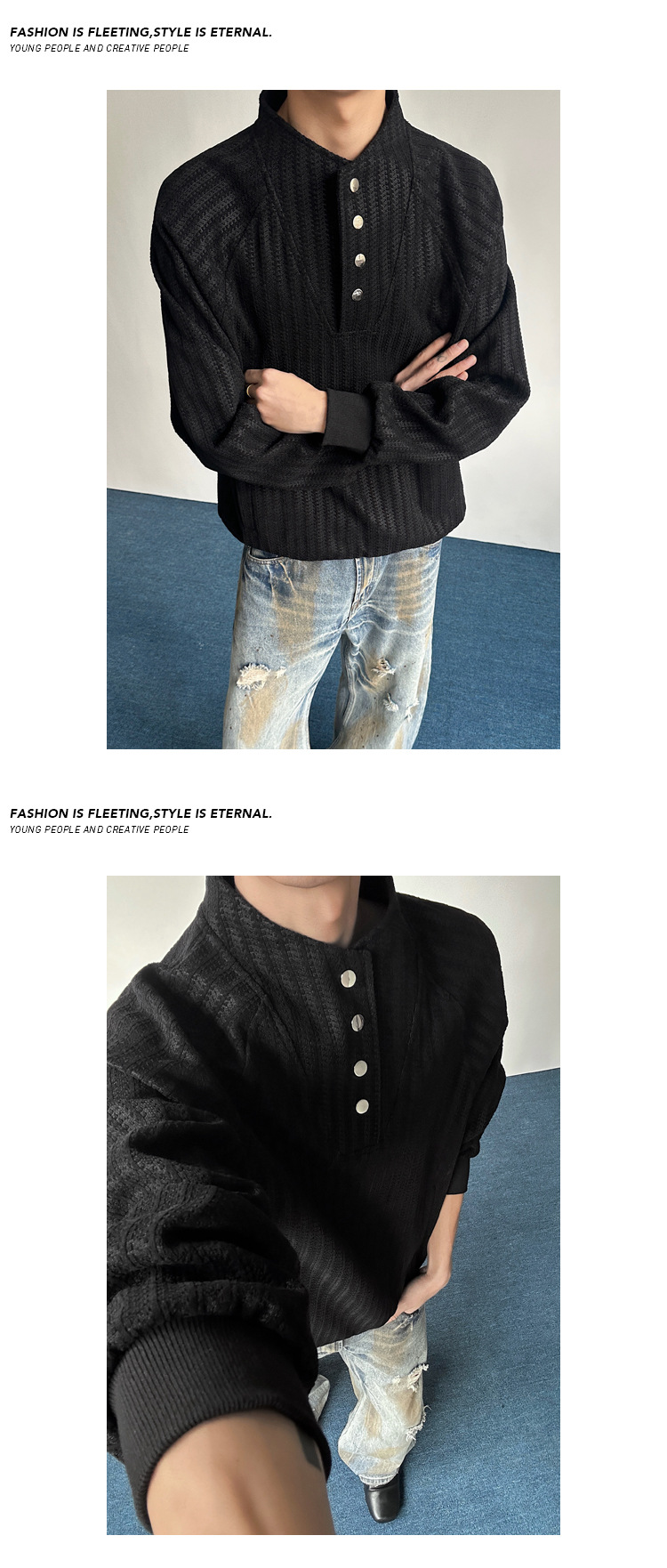Unisex Fishbone Striped Henley Sweatshirt Autumn Designer Style_voghion.com