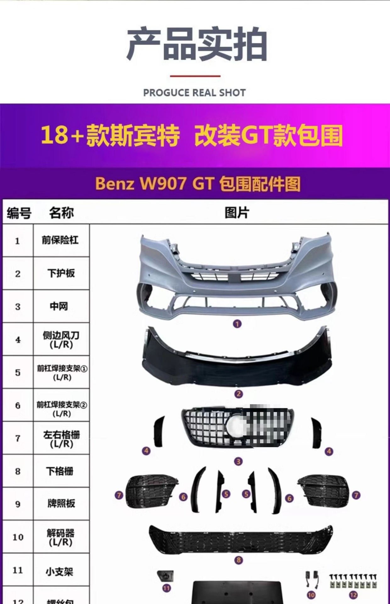 Suitable for 09+ Spitzen W906 models, offering a new 907-style front bumper, grille, and sporty exterior with a full body kit