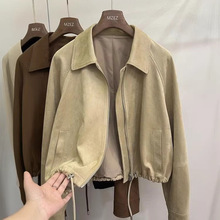 感复古气质翻领休闲麂皮绒外套女春季通勤百搭抽绳夹克上衣
