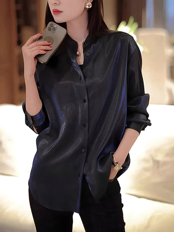 轻奢鎏金蓝zhen丝衬衣女小立领长袖设计感小众法式气质宽松衬衫上|undefined