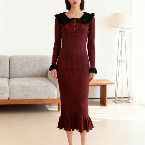 Ruffled-Edge Dress Knitted Skirt Autumn/Winter New Arrival Sweater Dress  Vintage Ladylike European & American Cross-Border French Style Dress for Women