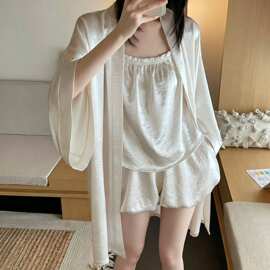 波光粼粼少女仿醋酸缎面吊带睡衣女款夏冰丝绸吊带短裤外袍家居服