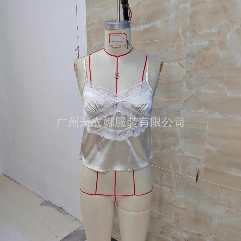 European and American Cross-Border 2025 Imitation Silk Sexy Navel-Baring Inner Wear and Outer Wear Beautiful Back Top Lace Small Camisole for Women