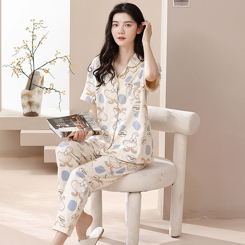 Pijamas de mujer primavera y verano 2023 nuevo 100% algodón cardigan pantalones de manga corta casual traje de desgaste para el hogar