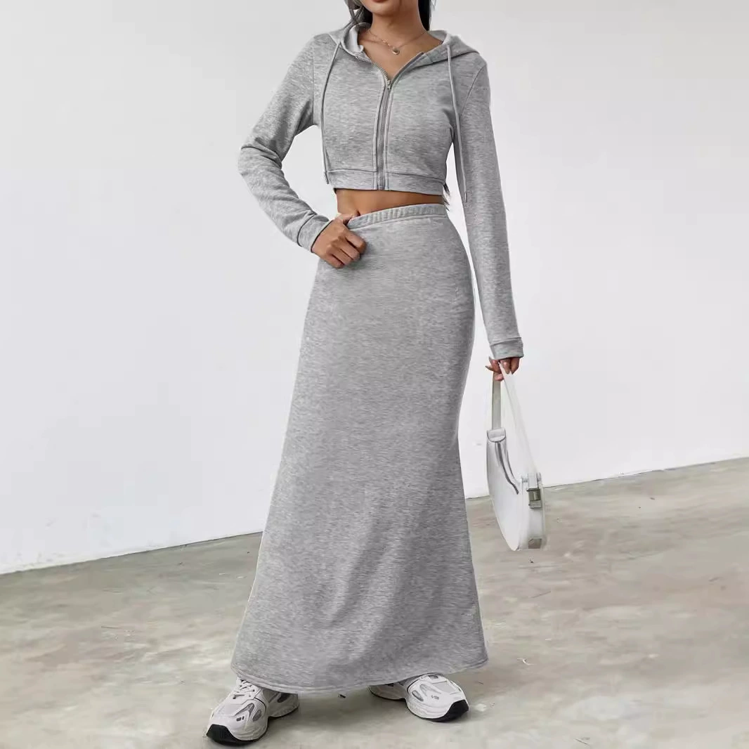 Осень и зима 2024 новые европейские и американские трансграничные длинные рукава с капюшоном на молнии свитер с бедрами длинная юбка повседневная женская одежда