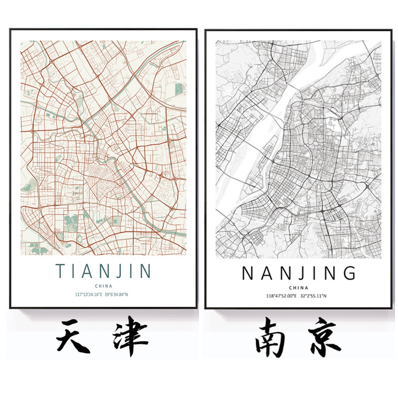 City Map Hanging Painting Nordic Line Drawing City Map Decorative Painting Living Room Sofa Background Wall Hanging Painting Restaurant Mural