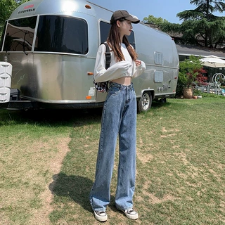 高腰阔腿牛仔裤女新款复古韩版可调节直筒宽松垂感显瘦拖地裤子秋