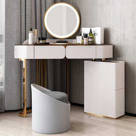 加工定制意式简奢梳妆台转角一体柜ins风LED三色镜储物妆凳化妆台