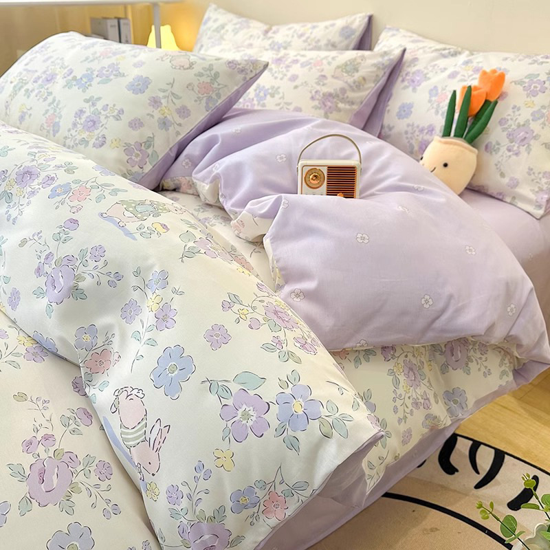 かわいいウサギの純綿ベッド4点セット、綿子供用女の子プリンセス寝具3点セット、ベッドシーツ、掛け布団カバー|undefined