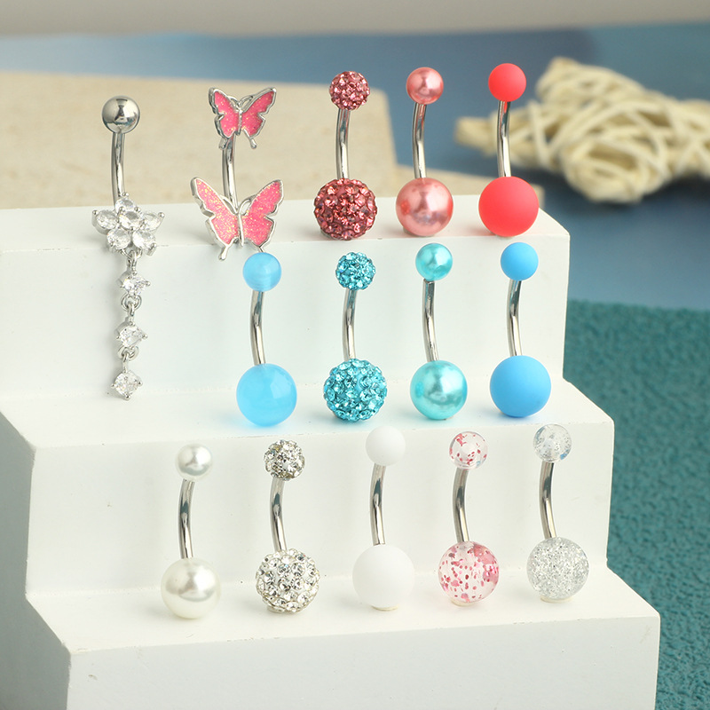 14-Piece Butterfly Navel Ring Set Stainless Steel Belly Button Piercing Jewelry Heart Design detail image 8