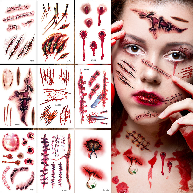 Halloween Scar Tattoo Sticker Simulation Scar Bloody Wound Thriller Makeup Makeup Party Face Sticker Spot New