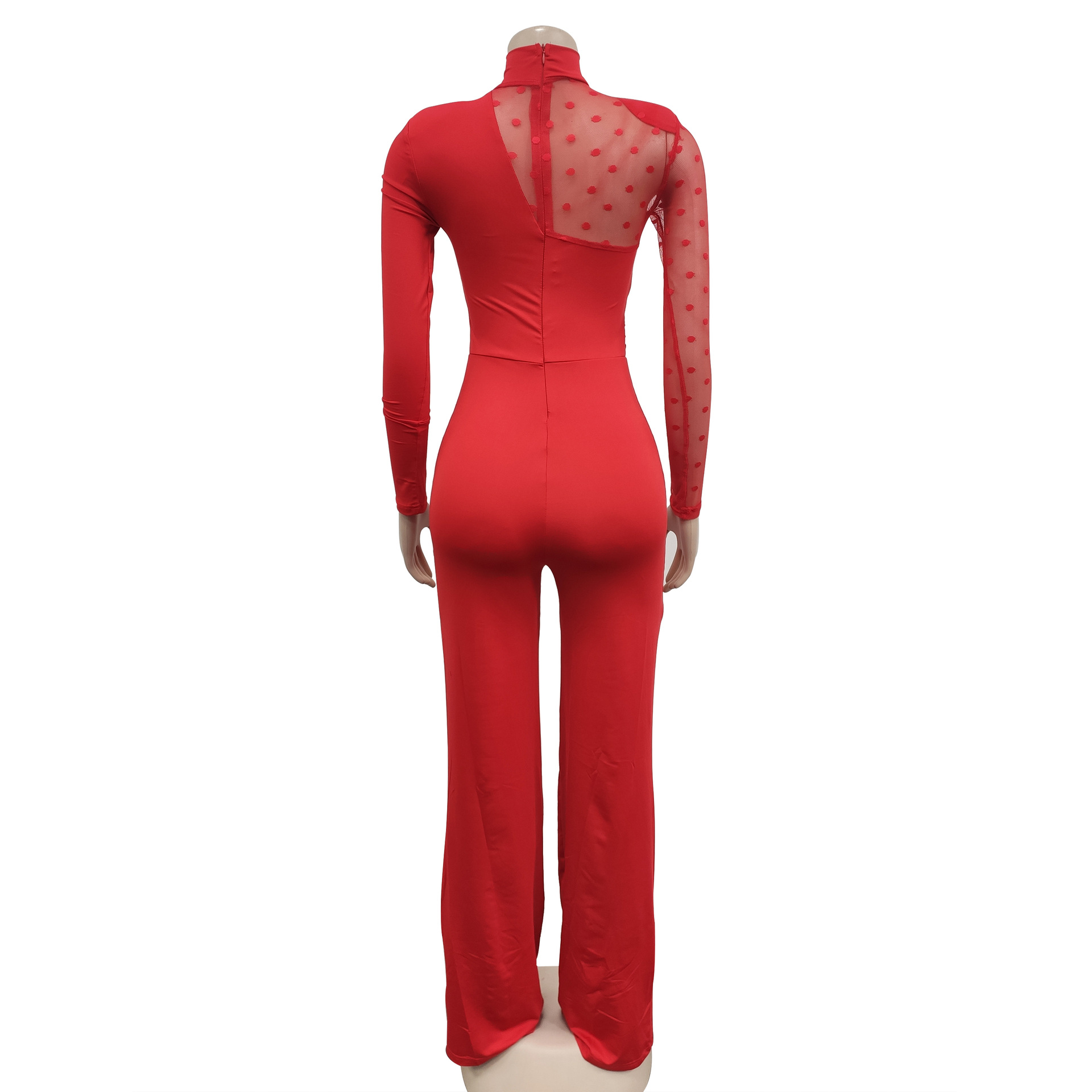 Women's Clothing fashion women's polka dot mesh see-through long-sleeved trousers solid color jumpsuit_voghion.com