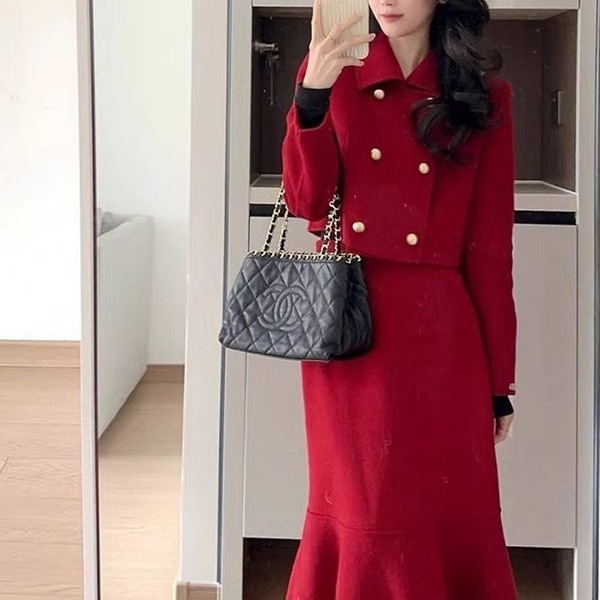 小香风套装裙名媛韩剧一整套洋气两件套红色连衣裙秋冬订婚礼服女|undefined