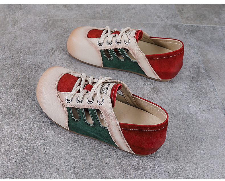 Giày sneaker nữ da thật phối màu cổ điển, đục lỗ thoáng khí, đế êm — màu nâu chi tiết 12