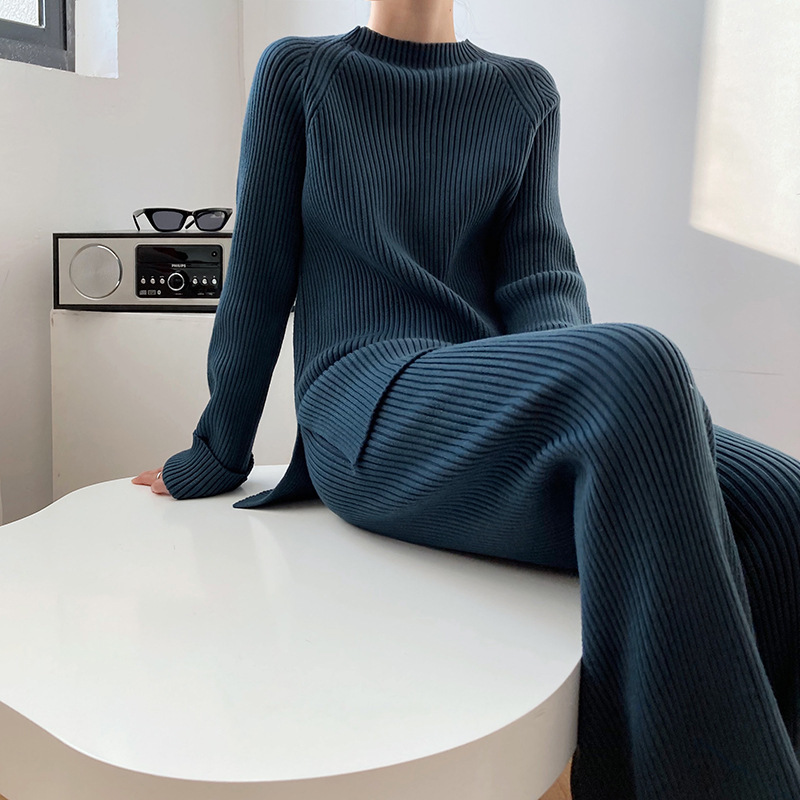Women's Knitted Sweater Co-ords And Wide Leg Pants Two Piece Set_voghion.com