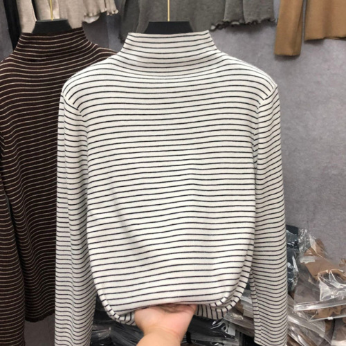 T2524# Boys' High-Neck Base Layer T-Shirt with Fleece-Lined Dermaline Fabric — Autumn/Winter Style, Older Kids' Striped Top for Layering as Innerwear