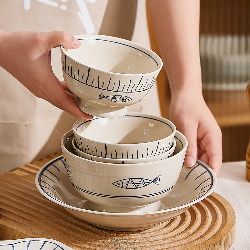 Japanese Style Hefeng Dishes Tableware suit Household Jingdezhen Underglaze Color Ceramic Fish Plate Wholesale Noodle Bowl Soup Bowl