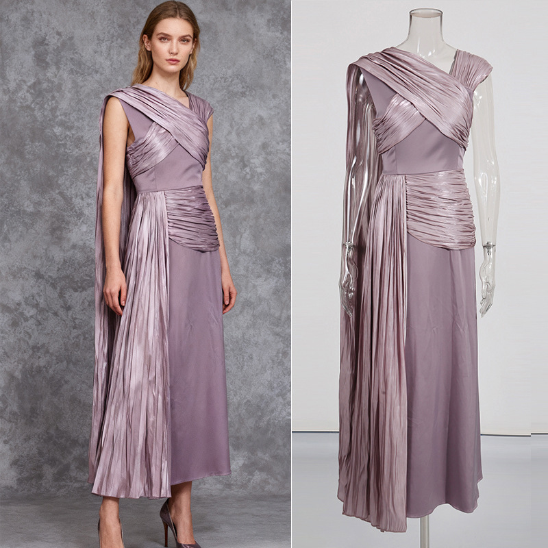 Light Purple Cross-Pleated Satin Dress 2026 Summer New Women's Waist-Cinching Long Banquet Party Dress