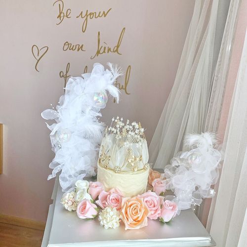 Moon Boat Cake Decoration Feather Valentine's Day Feather Pearl Gauze Flower Internet Celebrity Ins Goddess Birthday Cake Ornament