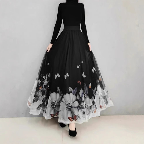 Spring and Summer High-Waist Slimming Double Layer Mesh Swing Flower Print Long Dress Square Dance Little Formal Skirt