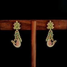 中古风vintage耳饰满彩锆粉绿孔雀尾羽耳坠镀真金独特女式耳环