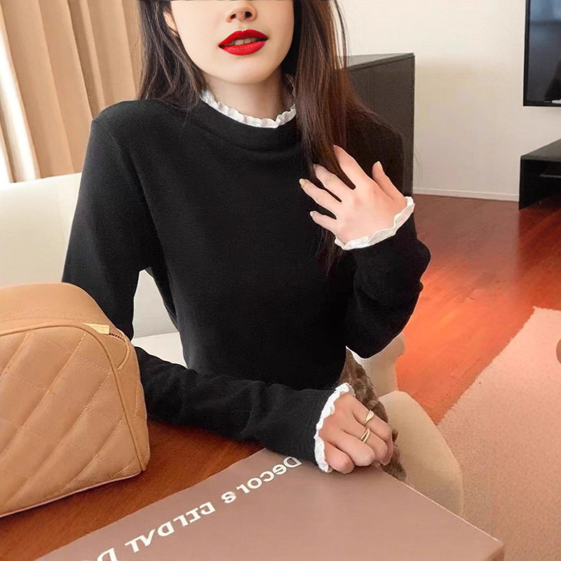 American Lace Stand-Up Collar Lace Simple German Velvet Bottoming Shirt for Women Autumn and Winter Inner Top New Design Long Sleeves American Lace Stand-Up Collar Lace Simple German Velvet Bottoming Shirt for Women Autumn and Winter Inner Top New Design Long Sleeves