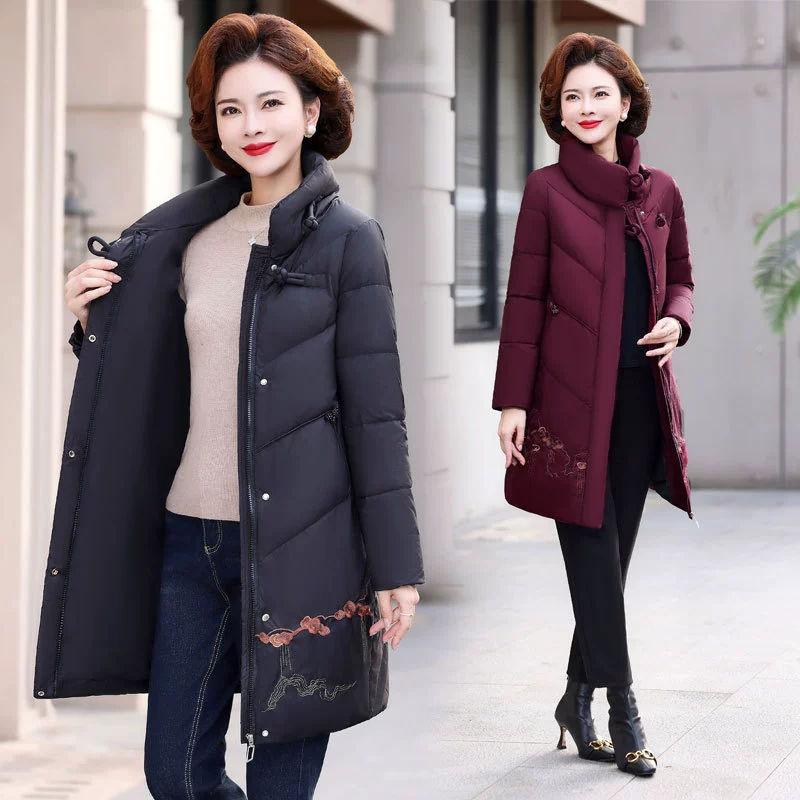 Пуховик для женщин среднего и длинного возраста для мамы 2023 Новый стиль Куртка с хлопковой подкладкой и вышивкой, зимняя белая куртка на утином пуху в китайском стиле