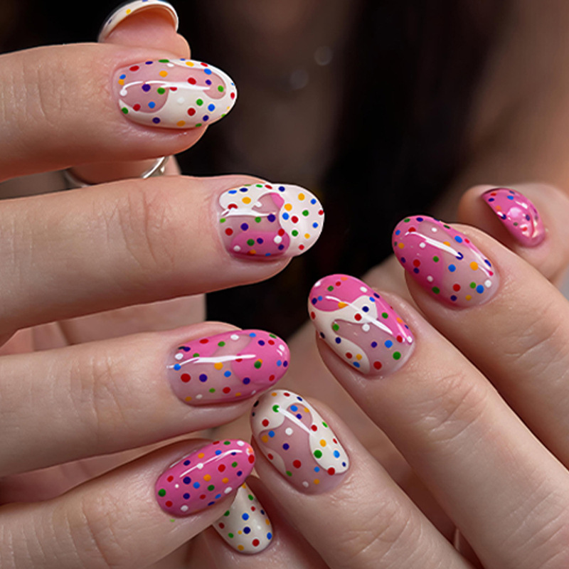 Cross-border short oval dessert macaron color polka dot press-on false nails
