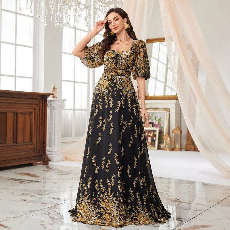 【Randomly Cut Floral Patterns】Women's High-End Printed Round-Neck Lantern Mid-Length Sleeve Chiffon Elegant Dress