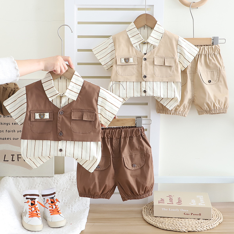 Cross-Border Children's Clothing 2025 New Summer Boys' Lapel Vertical Stripes Double Flap Pocket Pants Fake Two-Piece Shirt Shorts Two-Piece Set