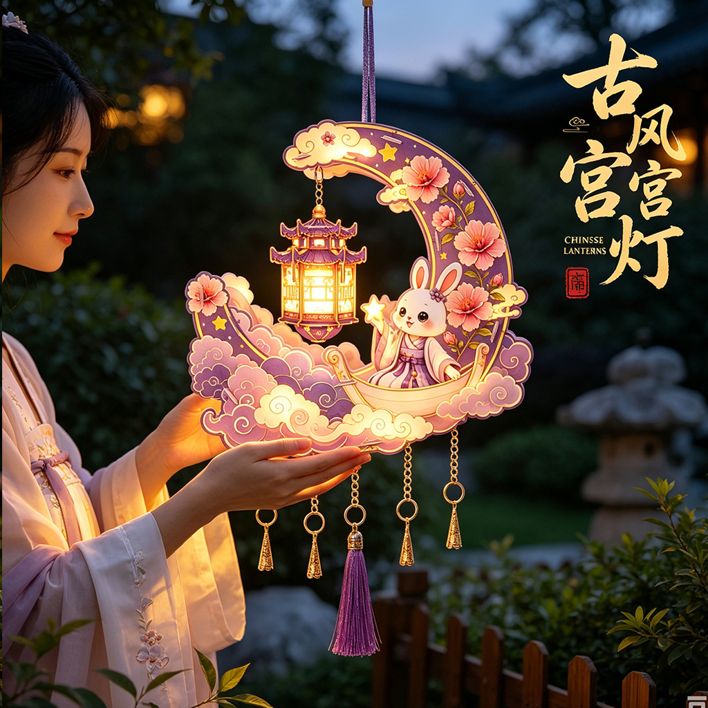 Mid-Autumn Festival Handheld Lantern Crescent Moon Ancient Style Rabbit Lantern Children's DIY Craft Kit Hanfu Photo Prop